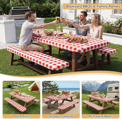 SquarePie Picnic Table Cover with Bench Covers - Waterproof Fitted Elastic Tablecloth for 6 FT Tables - Washable Polyester Camping Table Cloth for Outdoor Patio RV BBQ (Red Checkered, 30"x72")