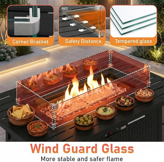 PayLessHere Propane Fire Pit Table, 50,000 BTU CSA-Certified Outdoor Gas Fire Table with Lid, Lava Rock & Glass Wind Guard, Smokeless Patio Firepit for Backyard, Deck & Garden (43 inch)