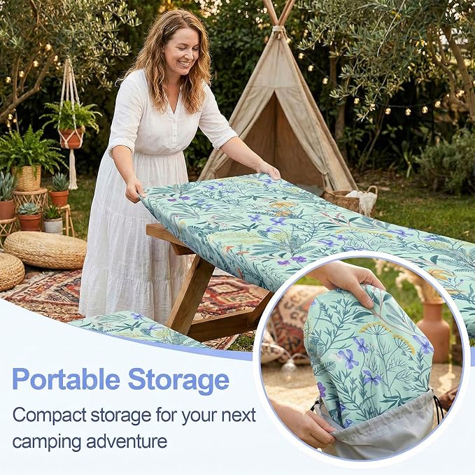 Picnic Table Cover with Bench Covers Camping Essentials Waterproof Windproof Camping Tablecloth with Drawstring Bag, Fitted Rectangle Tables and Seats, 72in, Gray Blue