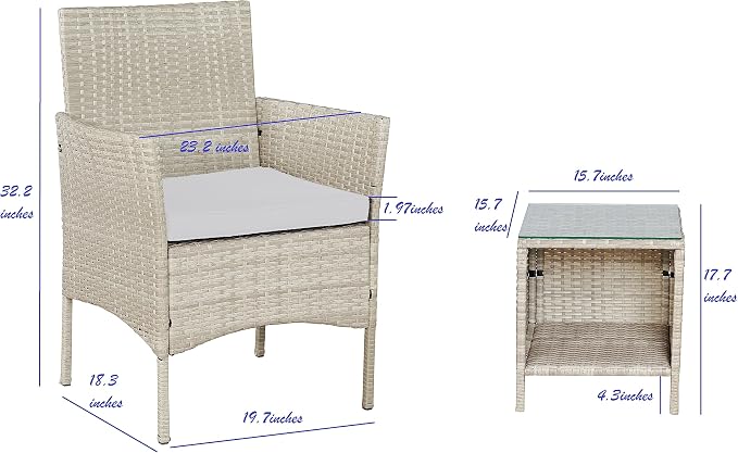 Outdoor Wicker Conversation 3 Piece Bistro Set Garden Patio Yard Porch Furniture Space Saving Pe Rattan 2 Chairs Cushions Side Storage Glass Table Gray/Cream 3pc
