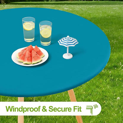 Smiry Round Spandex Tablecloth, Elastic Fitted Washable Tablecloths for 25"-30" Tables, Waterpoof Stretch Picnic Table Cover for Dining, Indoor and Outdoor, Turquoise
