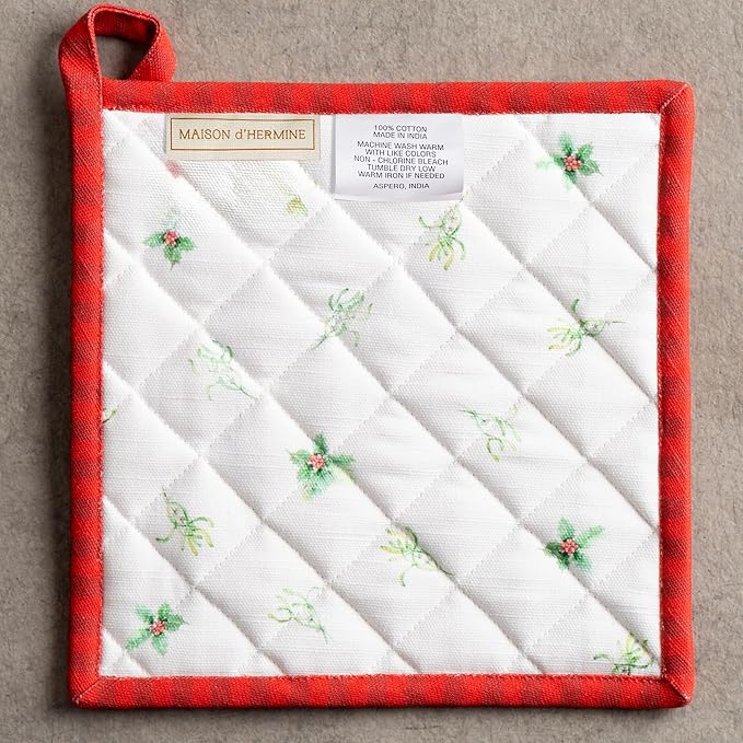 Maison d' Hermine Pot Holders Set 100% Cotton Heat Resistant Potholders 8" x 8" Hot Pads with Loop for Thanksgiving Christmas Decorations Baking Handling Hot Pans (Pack of 2, Christmas Tradition)