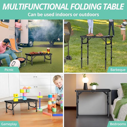 VINTEAM Camping Folding Table with Adjustable Height, Lightweight Portable Outdoor Picnic Table, BBQ Grill Side Table, Durable Aluminum Frame, MDF Desktop for Camping, Fishing, RV, Beach (Black) | Max Load 30kg MDF Surface Easy to Clean, Lightweight, S...