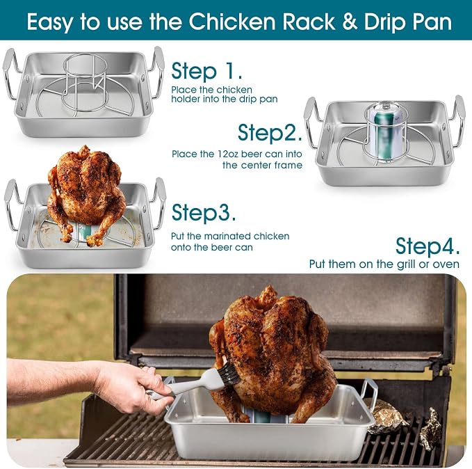 TeamFar Roasting Pan with Beer Can Chicken Holder, Drip Pan for Oven-4PCS | Stainless Steel Square Baking Pan with Vertical Stand, for Grill Oven Smoker BBQ Roasting, Dishwasher Safe(2 Pans + 2 Racks)