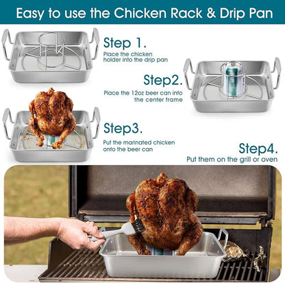 TeamFar Roasting Pan with Beer Can Chicken Holder, Drip Pan for Oven-4PCS | Stainless Steel Square Baking Pan with Vertical Stand, for Grill Oven Smoker BBQ Roasting, Dishwasher Safe(2 Pans + 2 Racks)