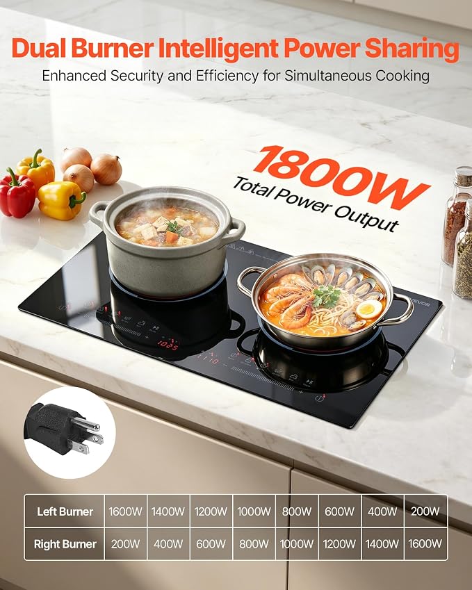 VEVOR Electric Cooktop 24inch 2 Burners Portable Stove Top 1800W 120V, Ceramic Countertop/Built-in Radiant Electric Stove, with 9 Power Levels, Timer, Child Lock, Over-Heat Guard, Touch Control