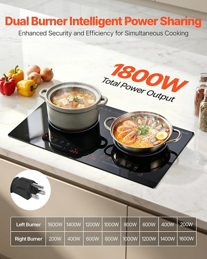VEVOR Electric Cooktop 24inch 2 Burners Portable Stove Top 1800W 120V, Ceramic Countertop/Built-in Radiant Electric Stove, with 9 Power Levels, Timer, Child Lock, Over-Heat Guard, Touch Control