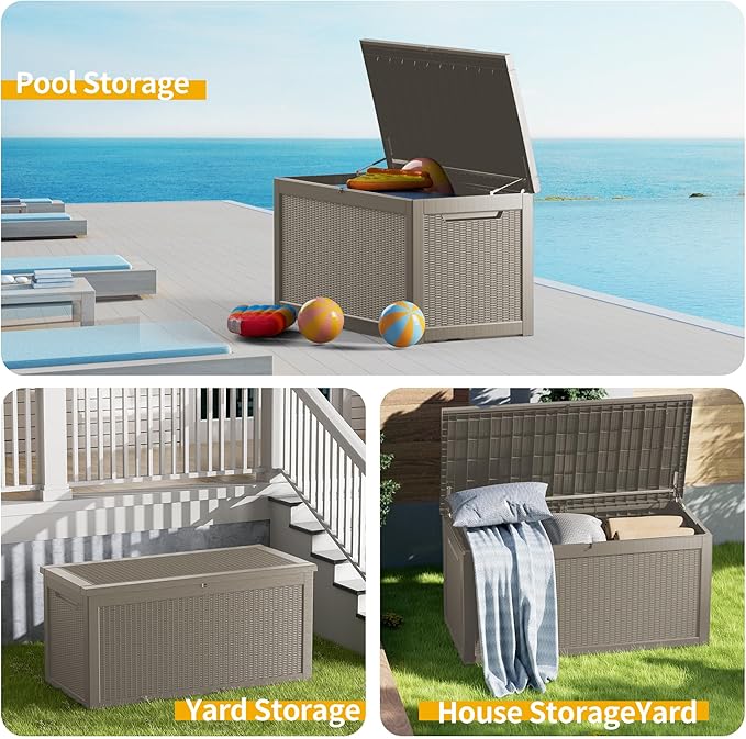 Outdoor Storage Box 320GAL Waterproof Resin Deck Box,UV-Resistant Lockable Delivery Bin for Garden Tools,Large Patio Outside Cushions,Pool Accessories Supplies,Chest,Furniture,Package,Grey