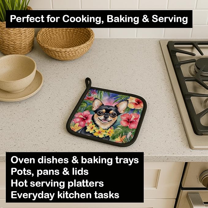 Caroline's Treasures Chihuahua Luau Pair of Pot Holders Kitchen Heat Resistant Pot Holders Sets Oven Hot Pads for Cooking Baking BBQ, 7 1/2 x 7 1/2