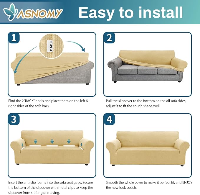 Asnomy Stretch Oversized Couch Covers for Sofa Slipcover,Champagne | 1-Piece Sofa Covers Washable(94"-110") 4-Seater Furniture Protector with Non Skid Foam and Elastic Bottom for Kids, Pets
