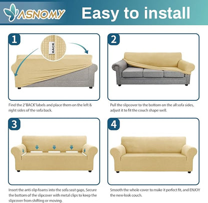 Asnomy Stretch Oversized Couch Covers for Sofa Slipcover,Champagne | 1-Piece Sofa Covers Washable(94"-110") 4-Seater Furniture Protector with Non Skid Foam and Elastic Bottom for Kids, Pets