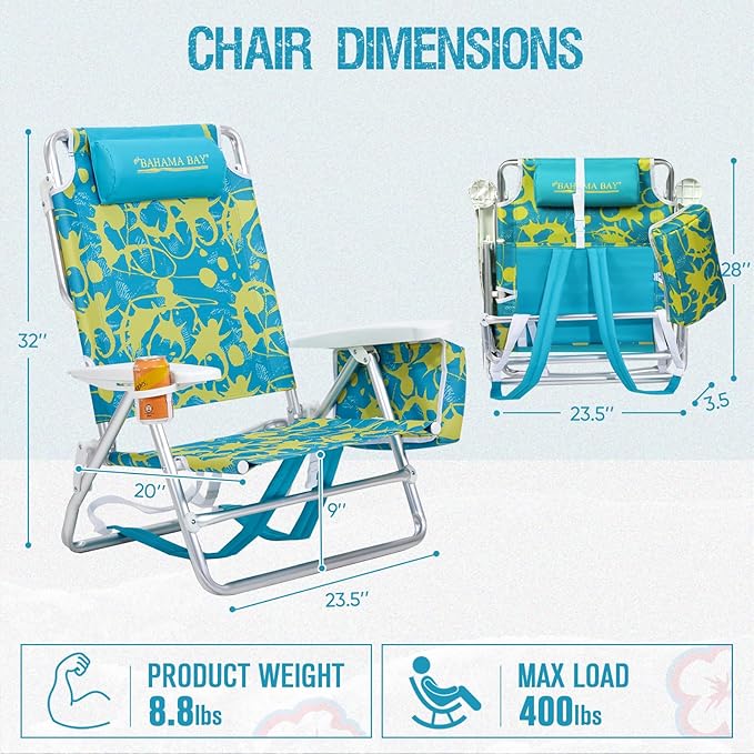 Old Bahama Bay Backpack Beach Chair, Aluminum Lightweight Reclining 5-Position Lounge Chair for Adults Heavy Duty Support 400 LBS Portable Folding with Cooler Bag Camping Chair for Sand Outdoor
