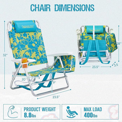 Old Bahama Bay Backpack Beach Chair, Aluminum Lightweight Reclining 5-Position Lounge Chair for Adults Heavy Duty Support 400 LBS Portable Folding with Cooler Bag Camping Chair for Sand Outdoor