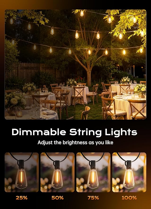 Minetom 55FT Outdoor String Lights with Remote, Shatterproof ST38 LED Bulbs, Waterproof Patio Lights with 3 Modes, Dimmable & Connectable 2700K Hanging Lights for Backyard Porch Deck Balcony
