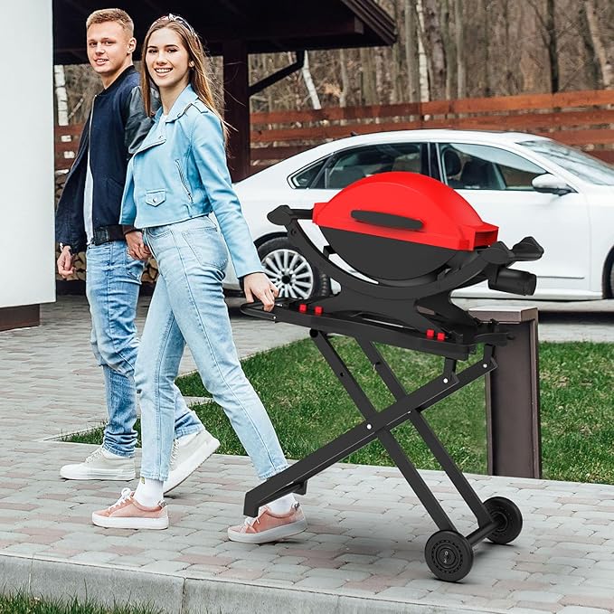 Grill Stand for Weber Q Grill Cart, BBQ Portable Grill Table for Weber Q1200 Q1000 Q2000 Q1400, Heavy-duty Trolley Collapsible Dining Table for Outdoor Camping BBQ Cooking Tailgating, Black, 2 Wheels