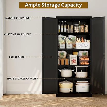 CJF Black Kitchen Pantry Cabinet,71" Tall Metal Storage Cabinet with 4 Adjustable Shelves and Doors, Freestanding Pantry Cabinet for Kitchen, Living Room, Dining Room, Bathroom, Easy to Assemble