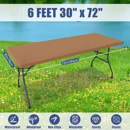 Moosfor 2 Pack Rectangle Spandex Fitted Table Cloth, 6FT Elastic Tablecloth | Washable Picnic Table Cover, Stretch Waterproof Table cloths for Party, Patio, Dining, Kitchen, 30" x 72", Khaki