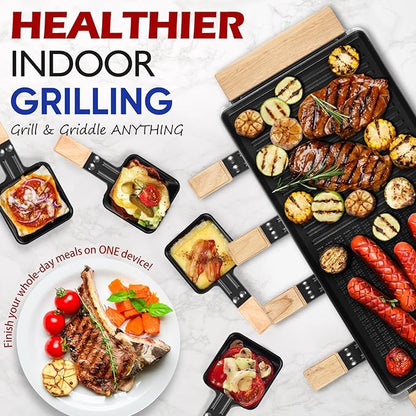 Raclette Table Grill, CUSIMAX Electric Indoor Grill, Korean BBQ Grill with Removable 2 in 1 Non-Stick Grill Plate, 8 Cheese Pans & Wooden Spatulas, Ideal for Parties, Wooden Base New Model