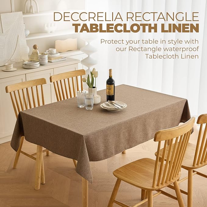 Decorelia Waterproof Farmhouse Table Cloth for Party Wedding Table, Solid Linen Woven Fall Spill-Proof Tablecloth for Dining Room, Farmhouse, Restaurant (Oblong, 60 x 120 Inch (10-12 Seats), Coffee)