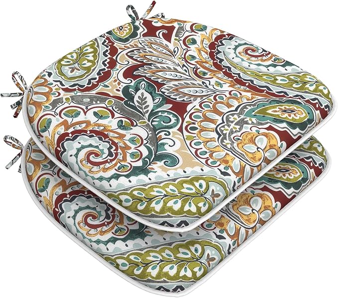 DYTXIII Set of 2 Outdoor Chair Cushions with Ties, Water Repellent Patio Chair Pads 17"x 16" for Outdoor Furniture, Round Corner Seat Cushions for Garden Yard Kitchen Paisley Chilli
