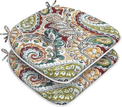 DYTXIII Set of 2 Outdoor Chair Cushions with Ties, Water Repellent Patio Chair Pads 17"x 16" for Outdoor Furniture, Round Corner Seat Cushions for Garden Yard Kitchen Paisley Chilli