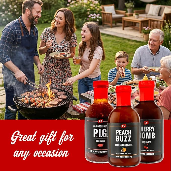 PS Seasoning Sweet Spicy BBQ Sauce Variety 3 Pack - Peach Buzz, Cherry Bomb, and Notorious PIG Gourmet Barbecue Sauce Set for Grilling Cooking Marinades Glazing Gift Pack Premium Flavor Collection