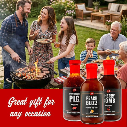PS Seasoning Sweet Spicy BBQ Sauce Variety 3 Pack - Peach Buzz, Cherry Bomb, and Notorious PIG Gourmet Barbecue Sauce Set for Grilling Cooking Marinades Glazing Gift Pack Premium Flavor Collection