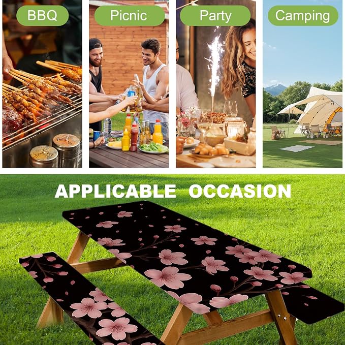 ANNA QUEEN Spring Floral 6FT Picnic Table Cover with Bench Covers Set of 3 with Drawstring Bag, Cherry Blossom Pink Flowers 72"x30" Waterproof Picnic Tablecloth & Bench Covers for Outdoor Garden