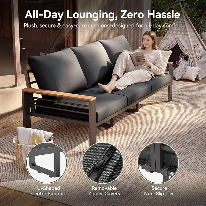 Aoxun Patio Furniture Set, Aluminum Patio Set with Fire Pit Table and 5" Thicken & Washable Cushion, Waterproof Outdoor Furniture, Outdoor Couch Sectional for Backyard (7 Seats/F, Dark Grey)