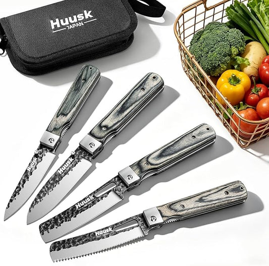 Huusk Folding Chef Knife Set - Japanese Hand Forged Pocket Knife Set - Including Nakiri, Santoku, Bread and Fruit Knives - Gifts for Men and Women