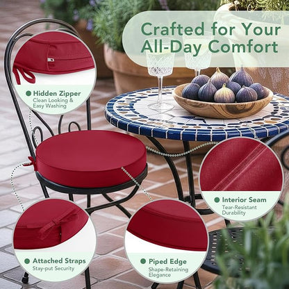 Summsun Outdoor Bistro Chair Cushions Set of 4, 15" D x 3" H Round Chair Cushions Waterproof and Fade Resistant Chair Cushion Pads with Non-Slip Ties and Removable Covers for Garden, Burgundy
