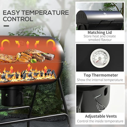 Barrel Charcoal BBQ Grill with 420 sq.in. Cooking Area, Outdoor Barbecue with Wheels, Ash Catcher and Built-in Thermometer for Patio Picnic, Backyard Party, Black
