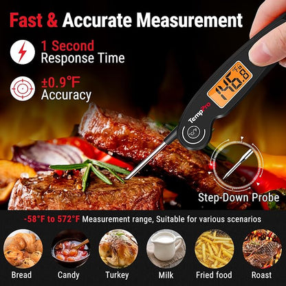 TempPro TempSwift 1 SEC Instant Read Meat Thermometer for Cooking | 100% Waterproof Digital Food Thermometer with Large Backlit LCD, Kitchen Thermometer for Grilling, Smoking & Candy Making