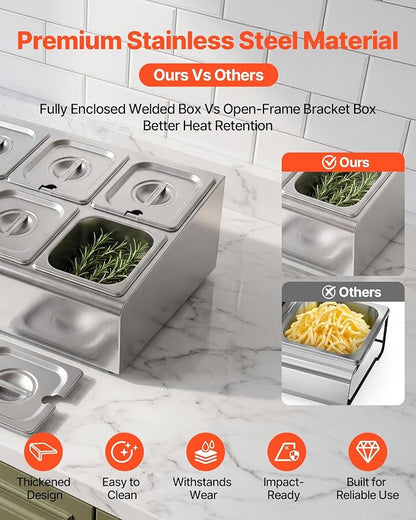 VEVOR Countertop Food Serving Display Container, Stainless Steel Food Salad Server Tray, Buffet Condiment Dispenser, Ice Cooled Rack with Separate Lid, for Restaurant Hotel Kitchen Party (6x1/6 Pan)