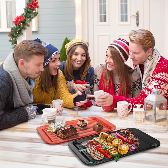 2 Pack Grilling Prep and Serve Trays, 17" x 10.5" BBQ Platters for Cooked and Raw Meat, Melamine Serving Trays for Food, Outdoor, Grill Accessories, Dishwasher Safe, Black and Red