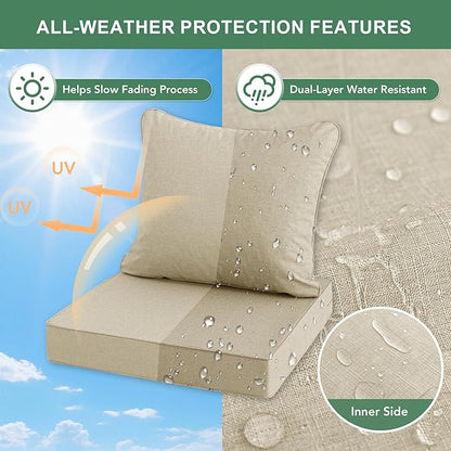 Summsun Patio Chair Cushions 19 x 19 Inch, Faux Linen Outdoor Furniture Cushions, Water Resistant Backrest and Seat Cushion Set with Ties, Removable Cover, Non-Slip Bottom, Beige