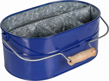 Alpha Living Home 4 -Section Galvanized Utensil Silverware Caddy - Farmhouse Organizer with 4 Compartments and Wooden Handle - Versatile Storage for Kitchen, Outdoor & Party Essentials (Blue)