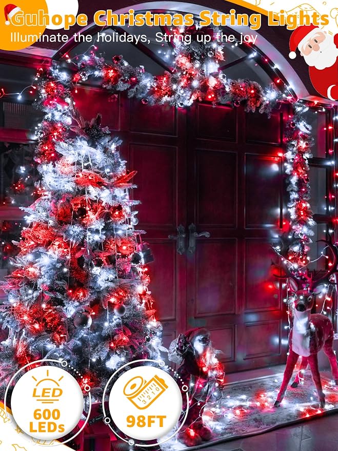 Guhope Christmas Lights 600 LED 98FT, Waterproof Outdoor String Lights with Remote and Timer, 8 Modes Dimmable Fairy Lights for Indoor Outdoor Wedding Party Holiday Decorations (Red and White)