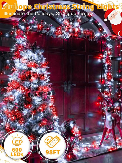 Guhope Christmas Lights 600 LED 98FT, Waterproof Outdoor String Lights with Remote and Timer, 8 Modes Dimmable Fairy Lights for Indoor Outdoor Wedding Party Holiday Decorations (Red and White)