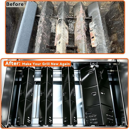 Grill Replacement Parts for Dyna-Glo 4 Burner DGH450CRP DGH451CRP, Set of 4 Porcelain Steel Grill Heat Plates Shield + 3-Pack Cast Iron Cooking Grill Grates Kit for Dyna Glo 3/4 Burner Grill
