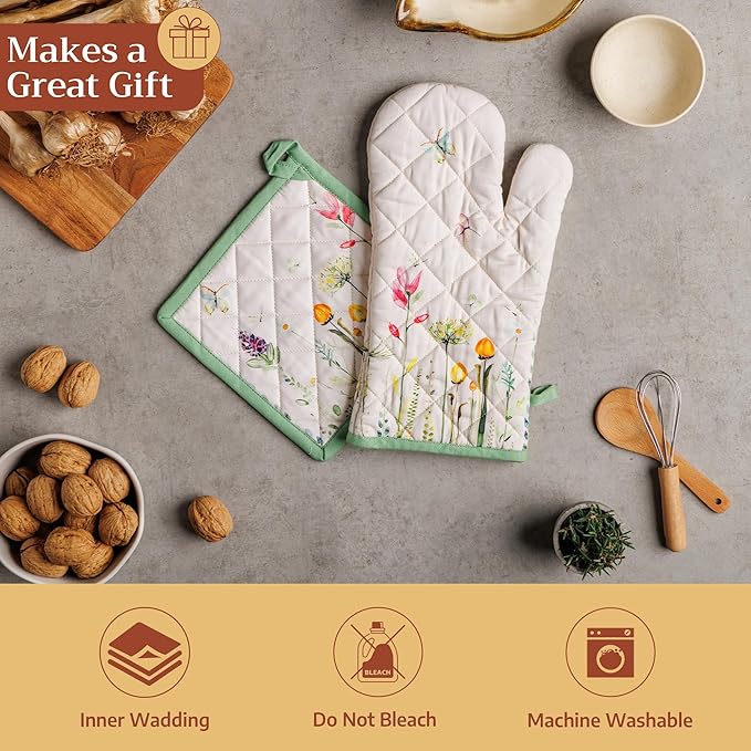 Maison d' Hermine 100% Cotton Oven Mitt & Pot Holder Set (7.5"x13" & 8"x8") Heat Resistant BBQ Cooking Gloves with Loop Baking Grilling Kitchen Hotel Home Farmhouse Spring Summer (Botanical Fresh)
