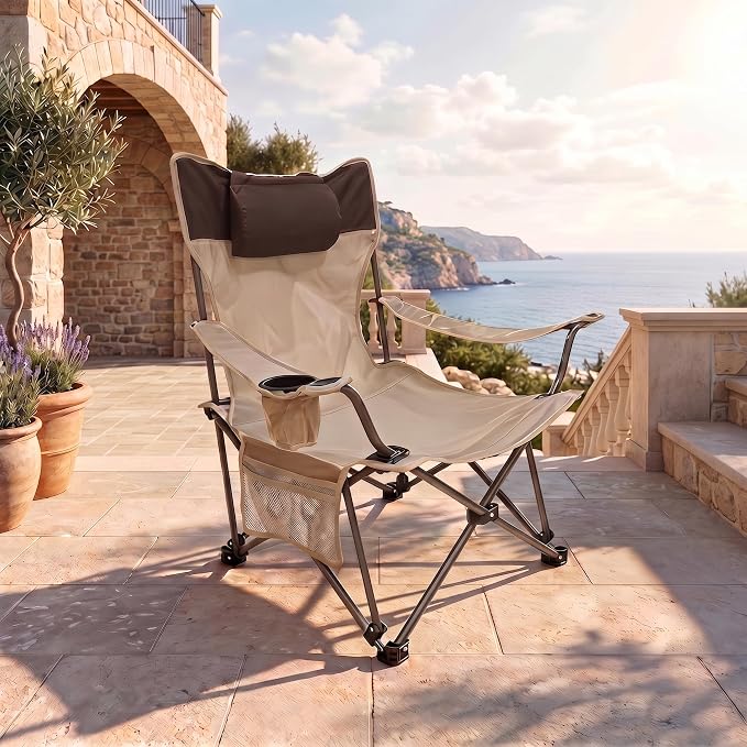 Adjustable Folding Beach Chair, Portable Camping Chair for Adults with Backrest, Reclining Outdoor Chair with Cup Holder & Pocket, Foldable Low Beach Chair for Camping, Picnic, Beige