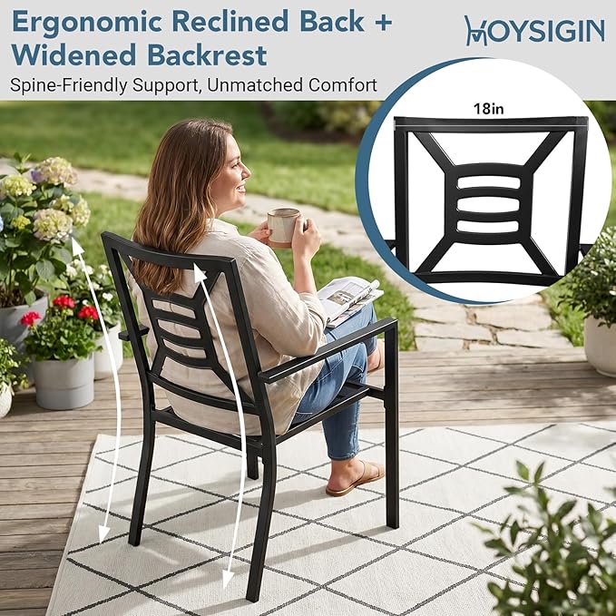 Patio Dining Chairs Set of 4, Stackable Metal Patio Chairs with High Back for Deck Bistro Porch Lawn, Black Wrought Iron Outdoor Dining Chairs