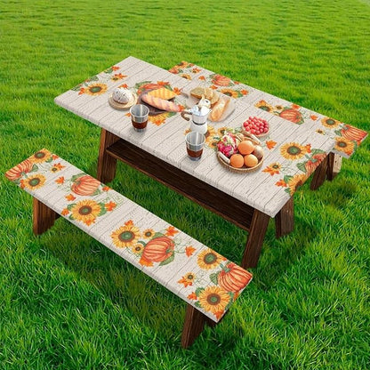 Fall Picnic Table Cover for Outdoor Camping Thanksgiving Pumpkin Sunflower Stripes Elastic Fitted Table Cloth for Camping Party Supplies 3 PCS Set