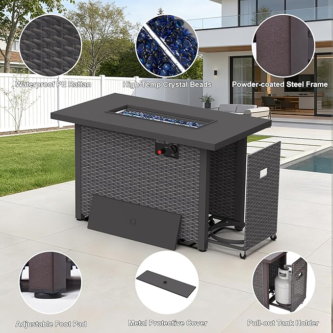 42 inch Propane Fire Pit Table, 50,000 BTU Outdoor Fire Pit Table with Steel Lid and High-Temp Crystal Beads, 2 in 1 Rectangle Gas Fire Pit Table for Garden/Patio Outside (42 inch, With Crystal Beads)