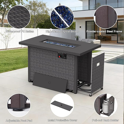 42 inch Propane Fire Pit Table, 50,000 BTU Outdoor Fire Pit Table with Steel Lid and High-Temp Crystal Beads, 2 in 1 Rectangle Gas Fire Pit Table for Garden/Patio Outside (42 inch, With Crystal Beads)