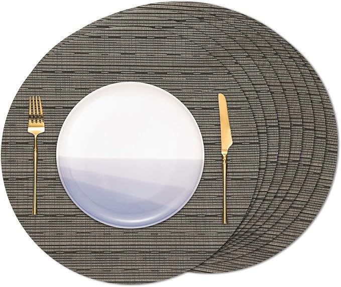 Round Placemats Set of 8 Heat Resistant Vinyl Placemats 15 inch Washable Non-Slip Table Mats Woven Place Mats for Dining Table (Black + Golden, Set of 8)