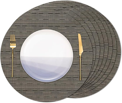 Round Placemats Set of 8 Heat Resistant Vinyl Placemats 15 inch Washable Non-Slip Table Mats Woven Place Mats for Dining Table (Black + Golden, Set of 8)