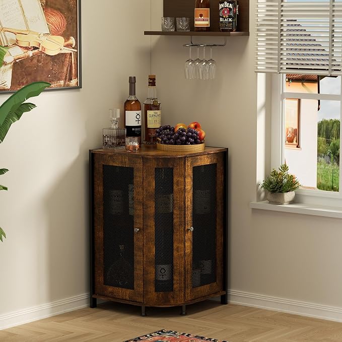 JKsmart 3-Tier Corner Bar Cabinet, Liquor Cabinet with Open Shelf & Door | Space-Saving Corner Design, Home Bar Display for Wine, Liquor & Coffee, Rustic Brown Wine Cabinet for Kitchen and Dining Room