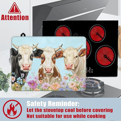 Farmhouse Cow Glass Top Stove Cover Protector,Watercolor Flower Heat Resistant Stove Top Cover, Large Size Range Covers for Electric Stove Countertop Mat, 28 x 20 Inch